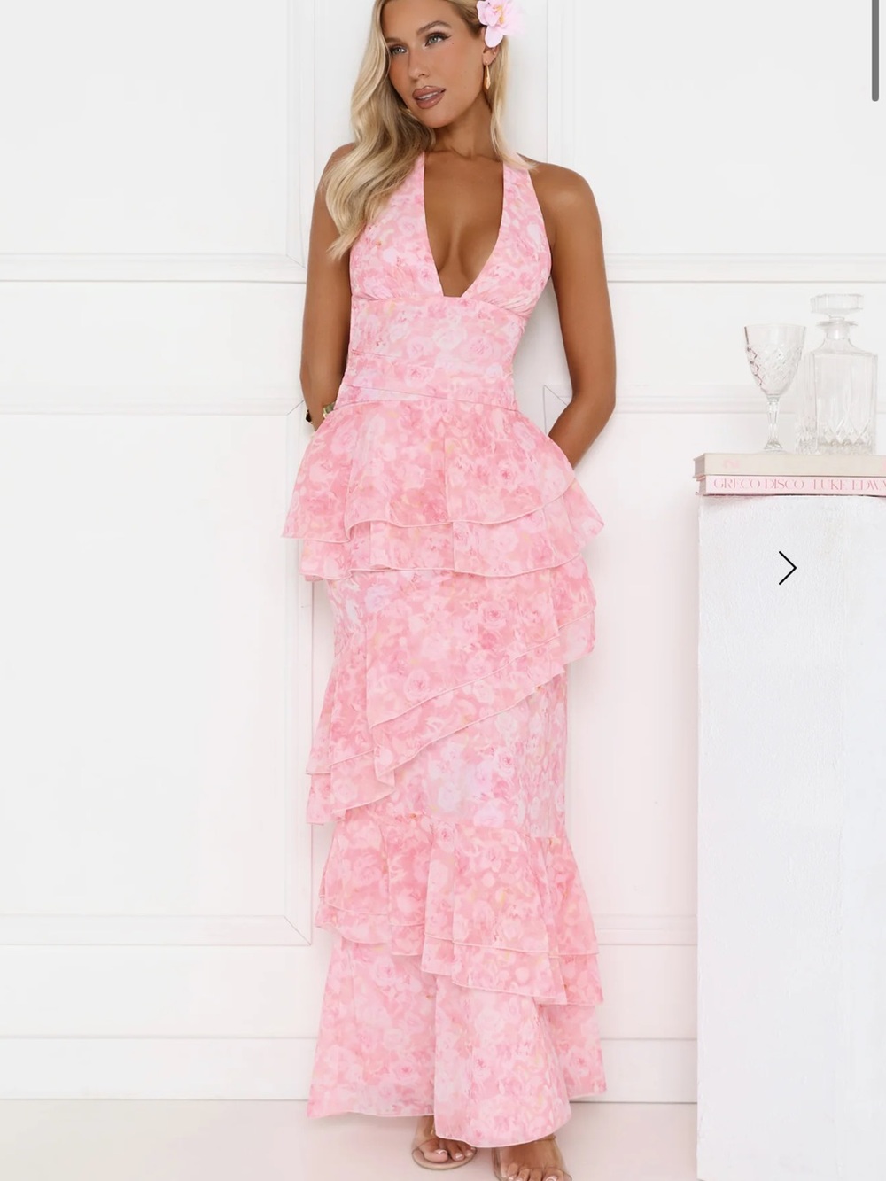 Hello Molly TROPICAL BLOOM HALTER TIERED MAXI DRESS PINK